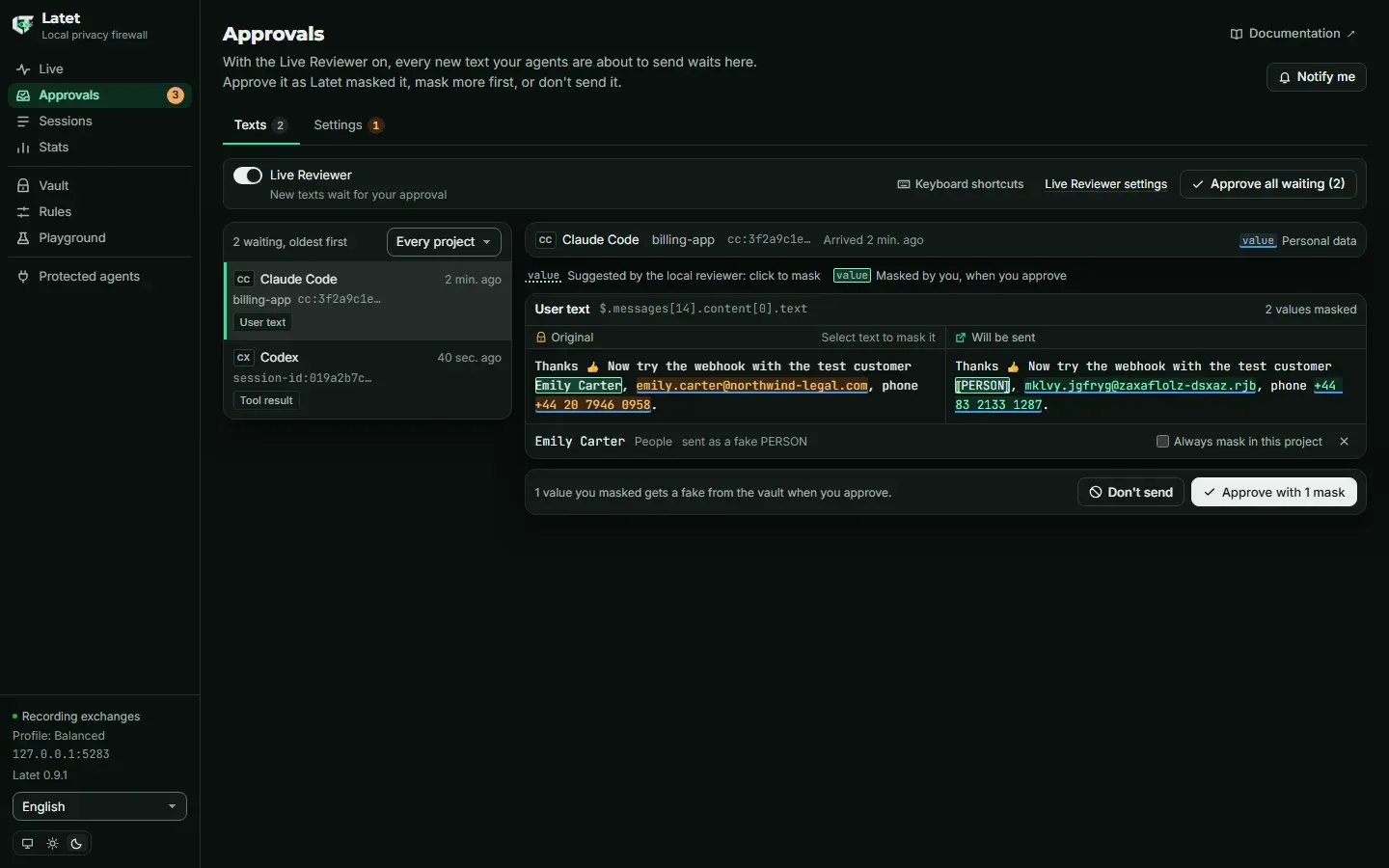 The Approvals page: two texts waiting on the left; on the right a prompt's original next to what will be sent, with a name the local reviewer suggested masked by hand, and the Approve and Don't send buttons