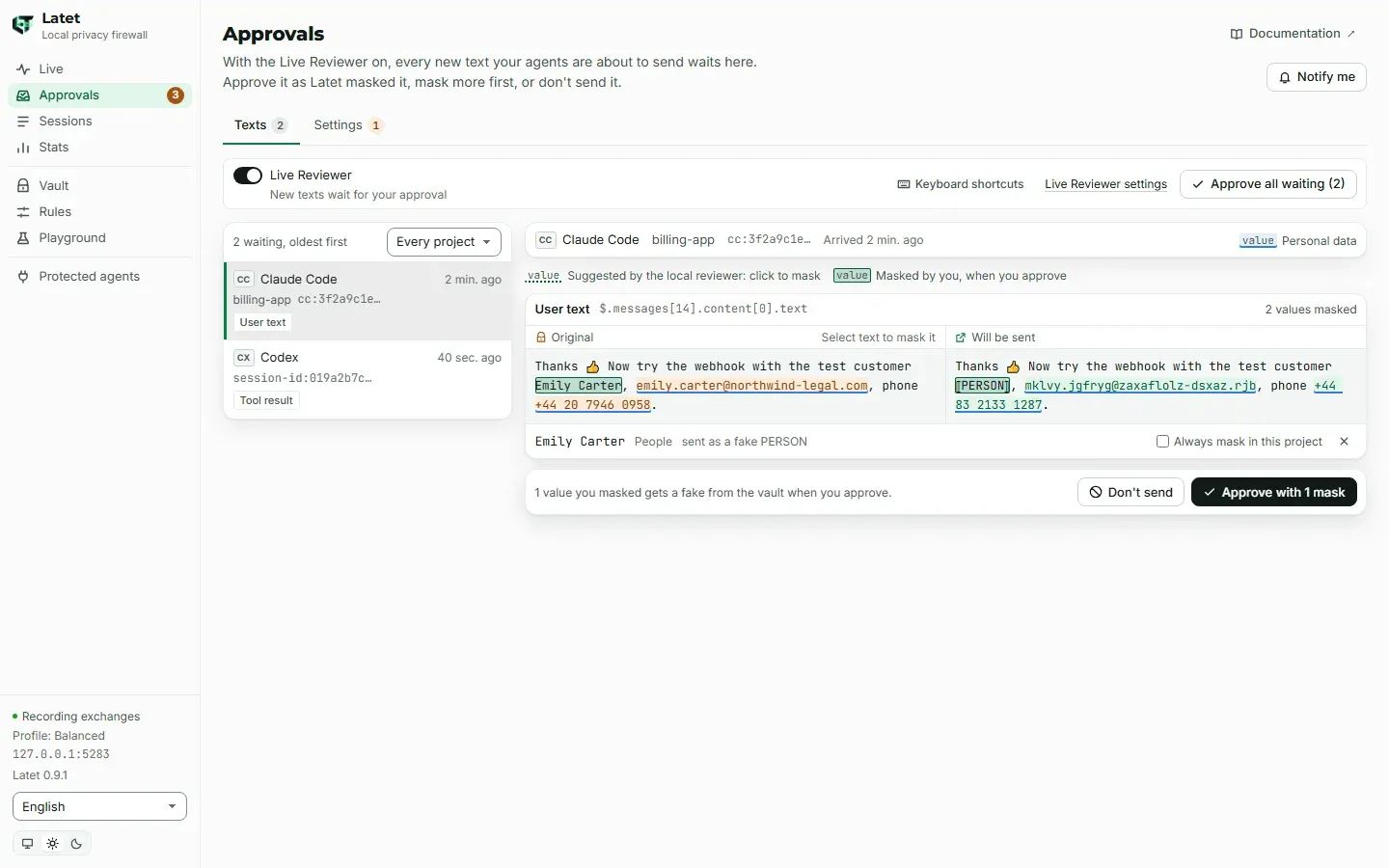 The Approvals page: two texts waiting on the left; on the right a prompt's original next to what will be sent, with a name the local reviewer suggested masked by hand, and the Approve and Don't send buttons