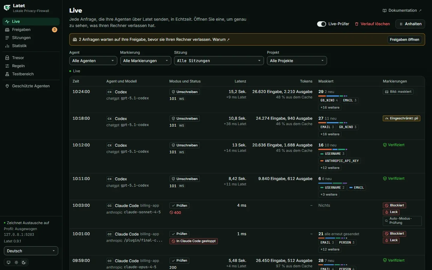 Die Seite Live: jede Anfrage mit ihrem Agenten, Modell, Zeitverhalten, Tokens, maskierten Werten und Markierungen