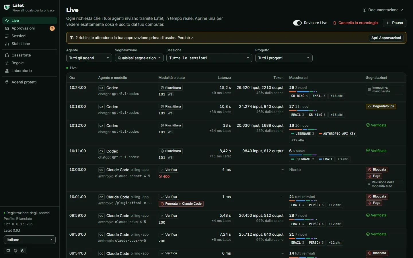 La pagina Live: ogni richiesta con il suo agente, il modello, i tempi, i token, i valori mascherati e le segnalazioni
