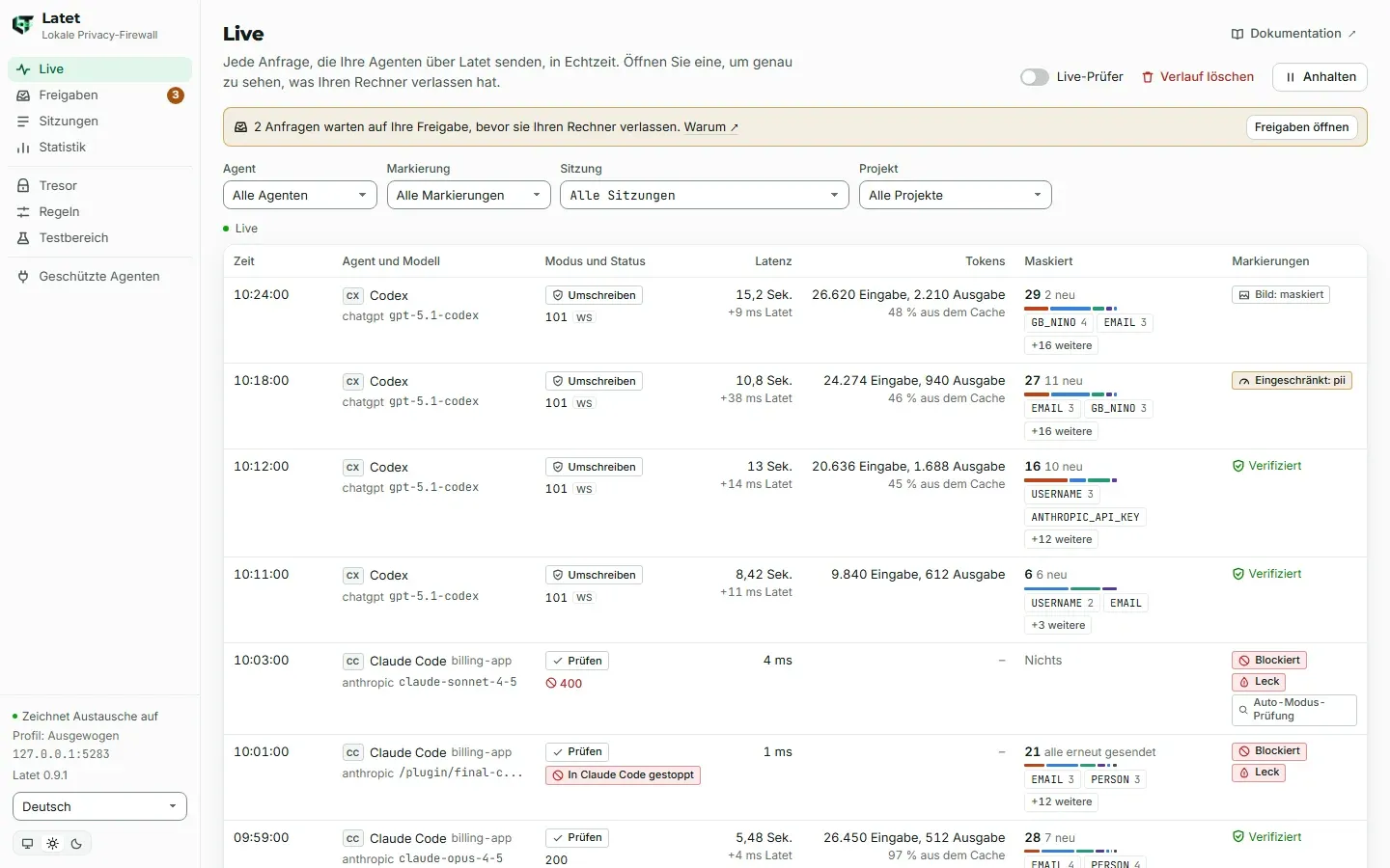 Die Seite Live: jede Anfrage mit ihrem Agenten, Modell, Zeitverhalten, Tokens, maskierten Werten und Markierungen