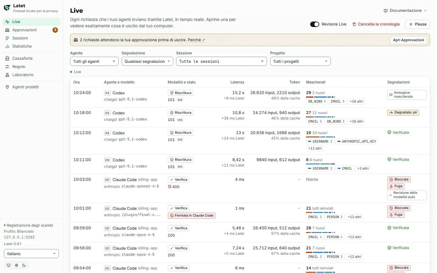 La pagina Live: ogni richiesta con il suo agente, il modello, i tempi, i token, i valori mascherati e le segnalazioni