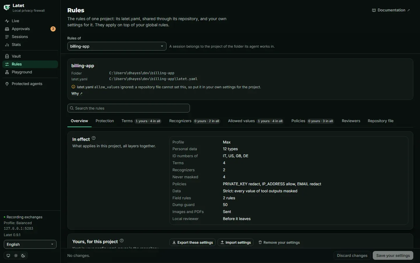 A project's rules in the dashboard, in the tabs of the global rules: its Overview, with what is in effect there and your own settings for it as a whole