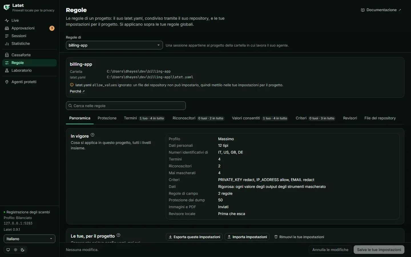 Le regole di un progetto nella dashboard, nelle schede delle regole globali: la sua Panoramica, con cosa è in vigore lì e le tue impostazioni per il progetto nel loro insieme