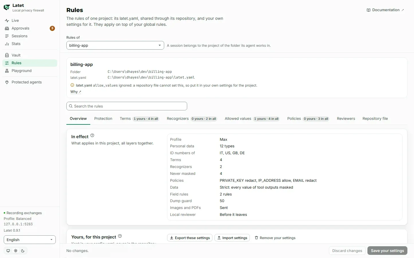 A project's rules in the dashboard, in the tabs of the global rules: its Overview, with what is in effect there and your own settings for it as a whole