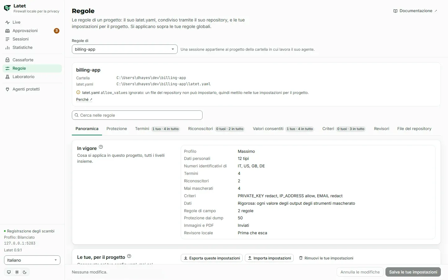 Le regole di un progetto nella dashboard, nelle schede delle regole globali: la sua Panoramica, con cosa è in vigore lì e le tue impostazioni per il progetto nel loro insieme
