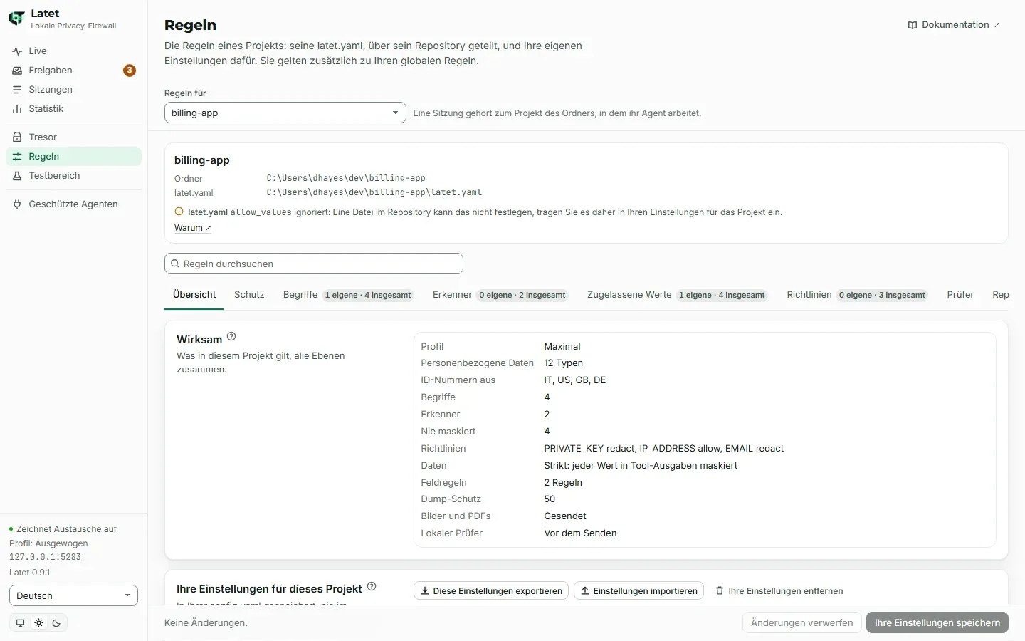 Die Regeln eines Projekts im Dashboard, in den Tabs der globalen Regeln: seine Übersicht, mit dem, was dort wirksam ist, und Ihren eigenen Einstellungen dafür als Ganzes