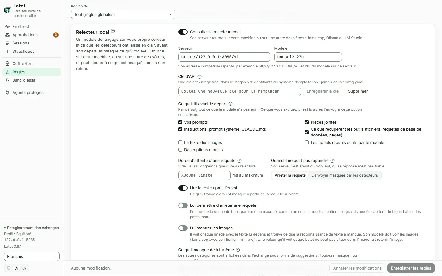 Les réglages du relecteur local : le serveur et le modèle, sa clé d'API, ce qu'il lit avant le départ d'un texte, combien de temps une requête peut attendre et ce qui se passe quand il ne peut pas répondre
